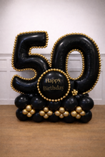 Load image into Gallery viewer, Black and gold balloon arrangement shaped like the number '50' with 'Happy Birthday' text on a white background.