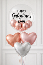Load image into Gallery viewer, Heart-shaped balloons in rose gold, silver, and pink with 'Happy Galentine's Day' text on a white background.