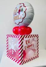 Load image into Gallery viewer, Decorative box with balloons featuring 'Elf on the Shelf' theme on a white surface.
