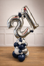 Load image into Gallery viewer, Silver number 21 balloon with blue and white balloons on a wooden floor.
