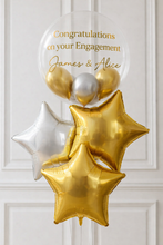 Load image into Gallery viewer, Gold and silver star-shaped balloons with personalized text on a white background