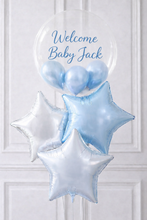 Load image into Gallery viewer, Balloon arrangement with star shapes and 'Welcome Baby Jack' text on a white background