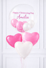 Load image into Gallery viewer, Heart-shaped balloons in pink and white with 'Happy Christening Day Amelia' text on a white background