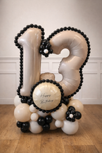 Load image into Gallery viewer, Balloon arrangement in the shape of the number '13' with a 'Happy Birthday' message on a wooden floor.