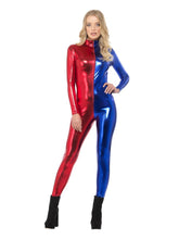 Load image into Gallery viewer, Fever Miss Jester Whiplash Costume, Red &amp; Blue, with Zip-Up Catsuit Alternative View 2.jpg
