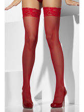 Load image into Gallery viewer, Fishnet Hold-Ups, Red, Lace Tops Alternative View 3.jpg