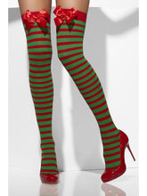 Load image into Gallery viewer, Opaque Hold-Ups, Red &amp; Green, Striped with Bows Alternative View 1.jpg
