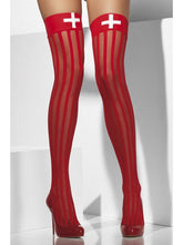 Load image into Gallery viewer, Sheer Hold-Ups, Red, Vertical Stripes and Cross Print Alternative View 1.jpg
