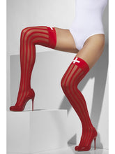 Load image into Gallery viewer, Sheer Hold-Ups, Red, Vertical Stripes and Cross Print
