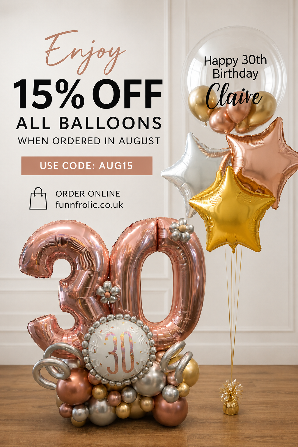 A promotional display of birthday balloons on a wooden floor against a white paneled wall. The set includes large metallic rose gold '30' balloons, a cluster of metallic silver, gold, and rose gold balloons at the base, a round white balloon with '30' in the center, and a clear balloon reading 'Happy 30th Birthday Claire'.