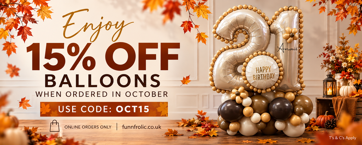 Promotional banner for Funntronic balloons featuring a '21' balloon set with 'Happy Birthday' text, surrounded by autumn leaves and fall decor, with text offering 15% off balloons in October.