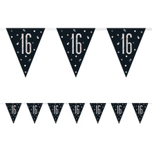 Load image into Gallery viewer, Black Glitz 16th Birthday Flag Bunting
