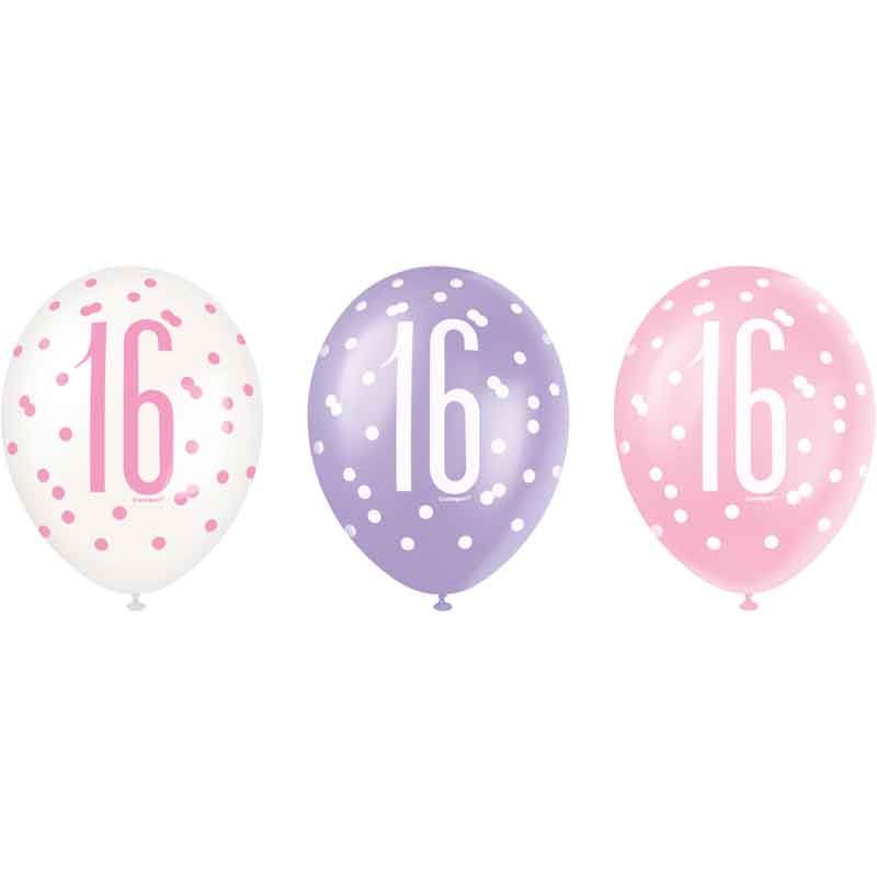 Pack of 6 Aged 16 Pink Glitz Latex Balloons