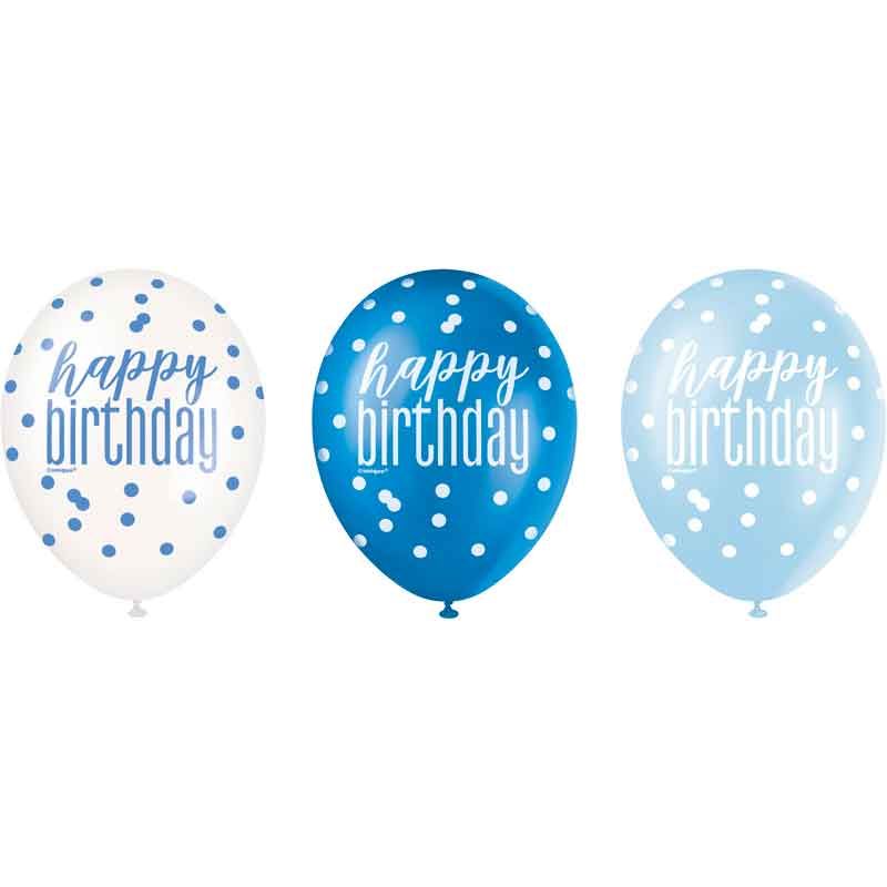 Pack of 6 Happy Birthday Blue Glitz Latex Balloons