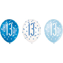 Load image into Gallery viewer, Pack of 6 Aged 13 Blue Glitz Latex Balloons
