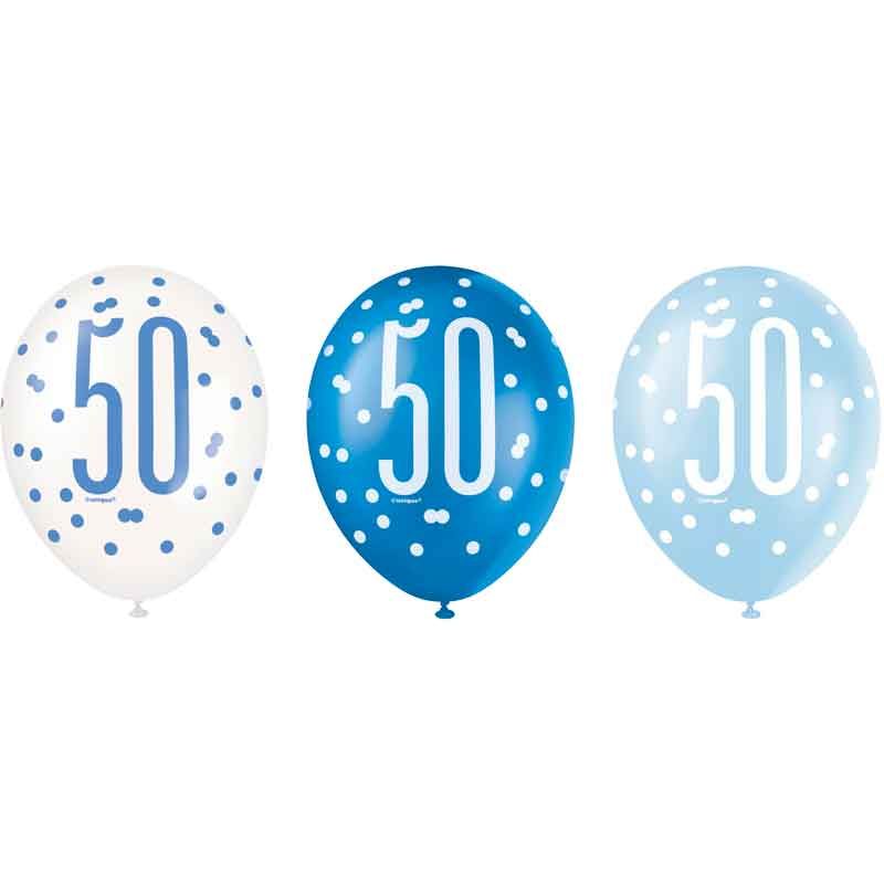 Pack of 6 Aged 50 Blue Glitz Latex Balloons