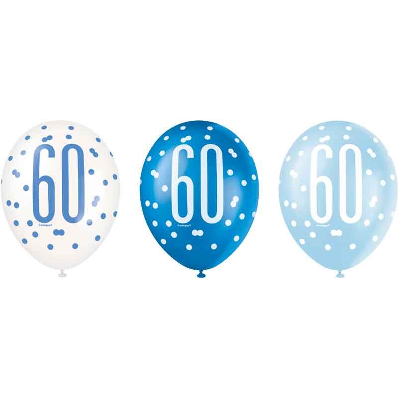 Pack of 6 Aged 60 Blue Glitz Latex Balloons