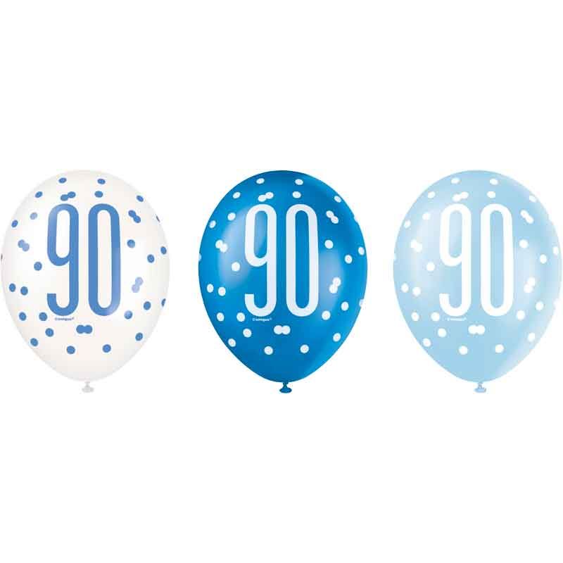 Pack of 6 Aged 90 Blue Glitz Latex Balloons