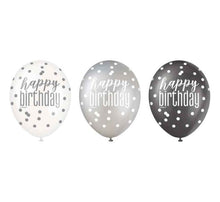 Load image into Gallery viewer, Pack of 6 Happy Birthday Black Glitz Latex Balloons
