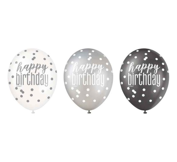 Pack of 6 Happy Birthday Black Glitz Latex Balloons