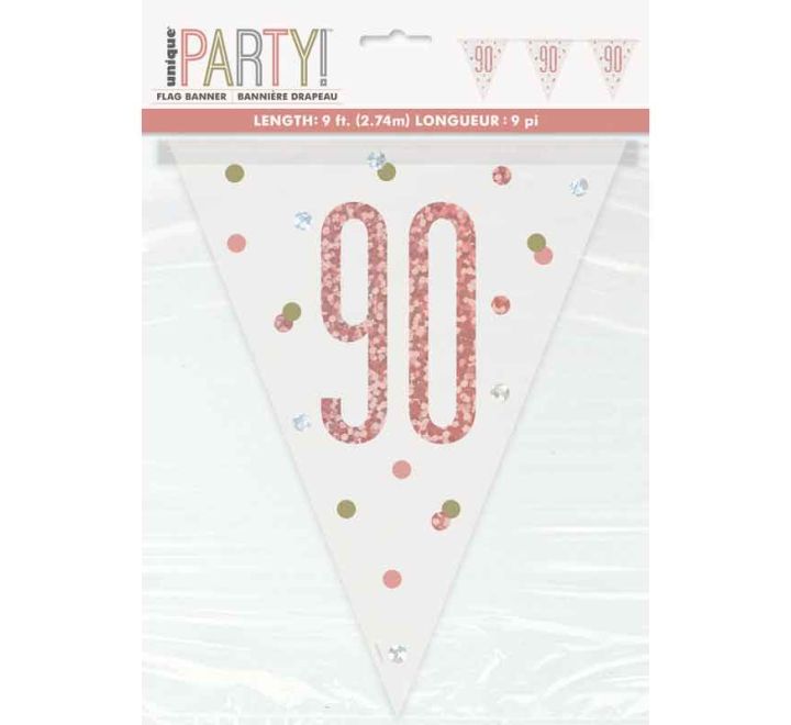 Rose Gold Glitz 90th Birthday Flag Bunting