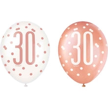 Load image into Gallery viewer, Pack of 6 Aged 30 Rose Gold Glitz Latex Balloons
