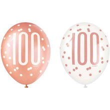 Load image into Gallery viewer, Pack of 6 Aged 100 Rose Gold Glitz Latex Balloons
