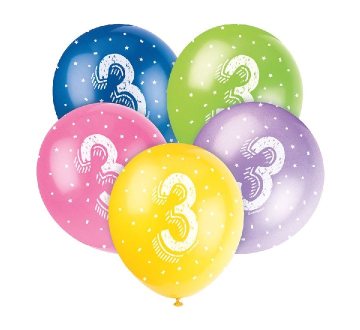 Pack of 5 Age 3 Latex Balloons