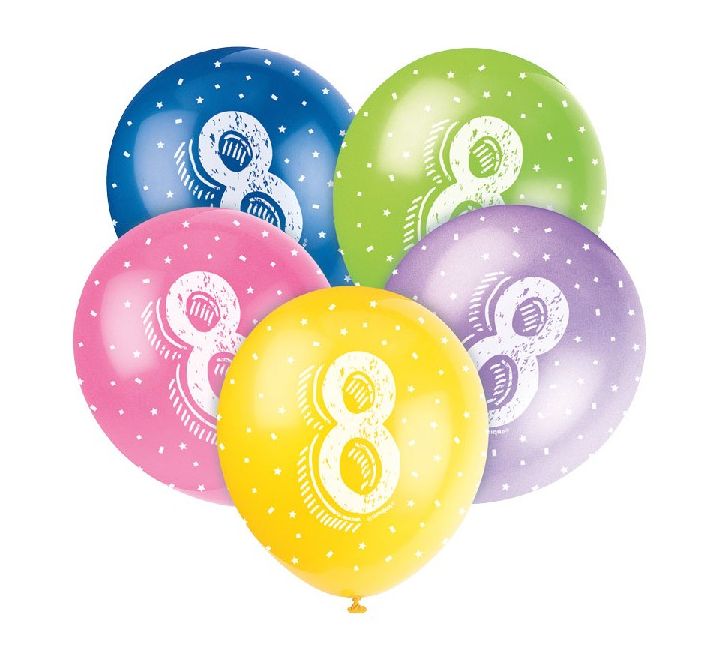 Pack of 5 Age 8 Latex Balloons