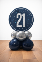 Load image into Gallery viewer, Decorative balloon stand with number 21 on a blue and silver design against a white background.
