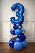 Load image into Gallery viewer, Blue balloon sculpture with number '3' and name 'Mason' against a white wall.
