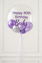 Load image into Gallery viewer, Clear balloon with purple and silver balloons and 'Happy 40th Birthday Becks' text on a white background
