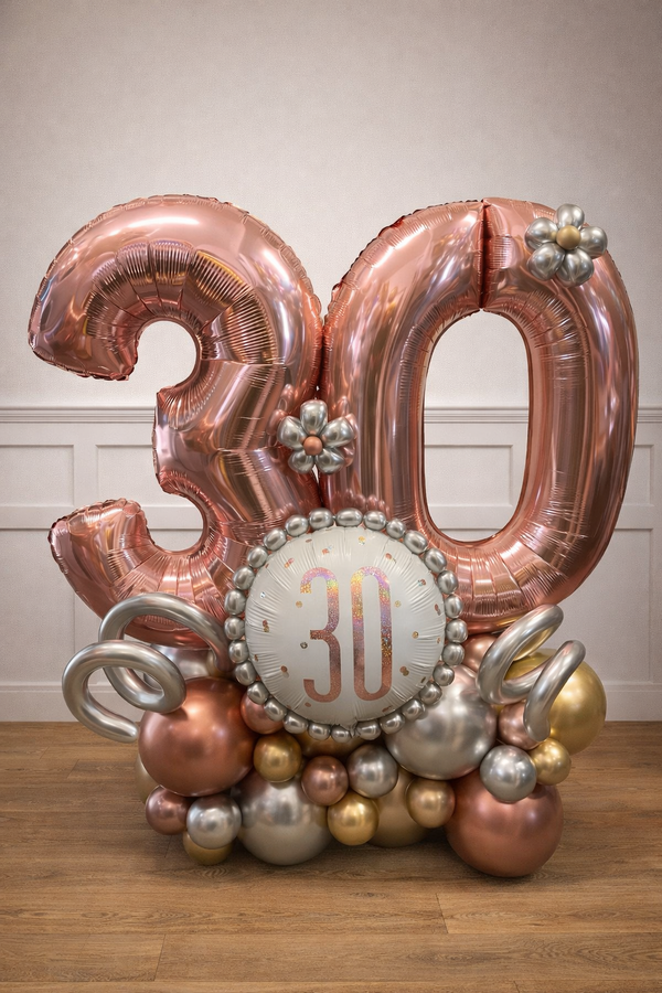 Rose gold and silver '30' balloon decoration on a wooden surface with a white wall background.