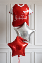 Load image into Gallery viewer, Balloon shaped like a red sports jersey with 'Best Dad' text, accompanied by a red star-shaped balloon against a white paneled background.
