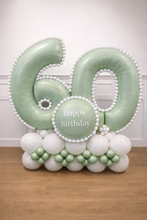 Load image into Gallery viewer, Balloon arrangement in the shape of the number '60' with 'Happy Birthday' text, featuring green and white balloons.
