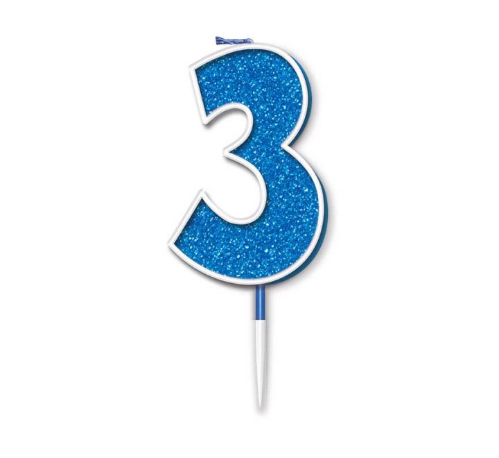 Blue Number 3 Glitter Candle
