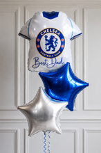 Load image into Gallery viewer, Chelsea FC shirt with 'Best Dad' message and two star-shaped balloons on a white paneled background
