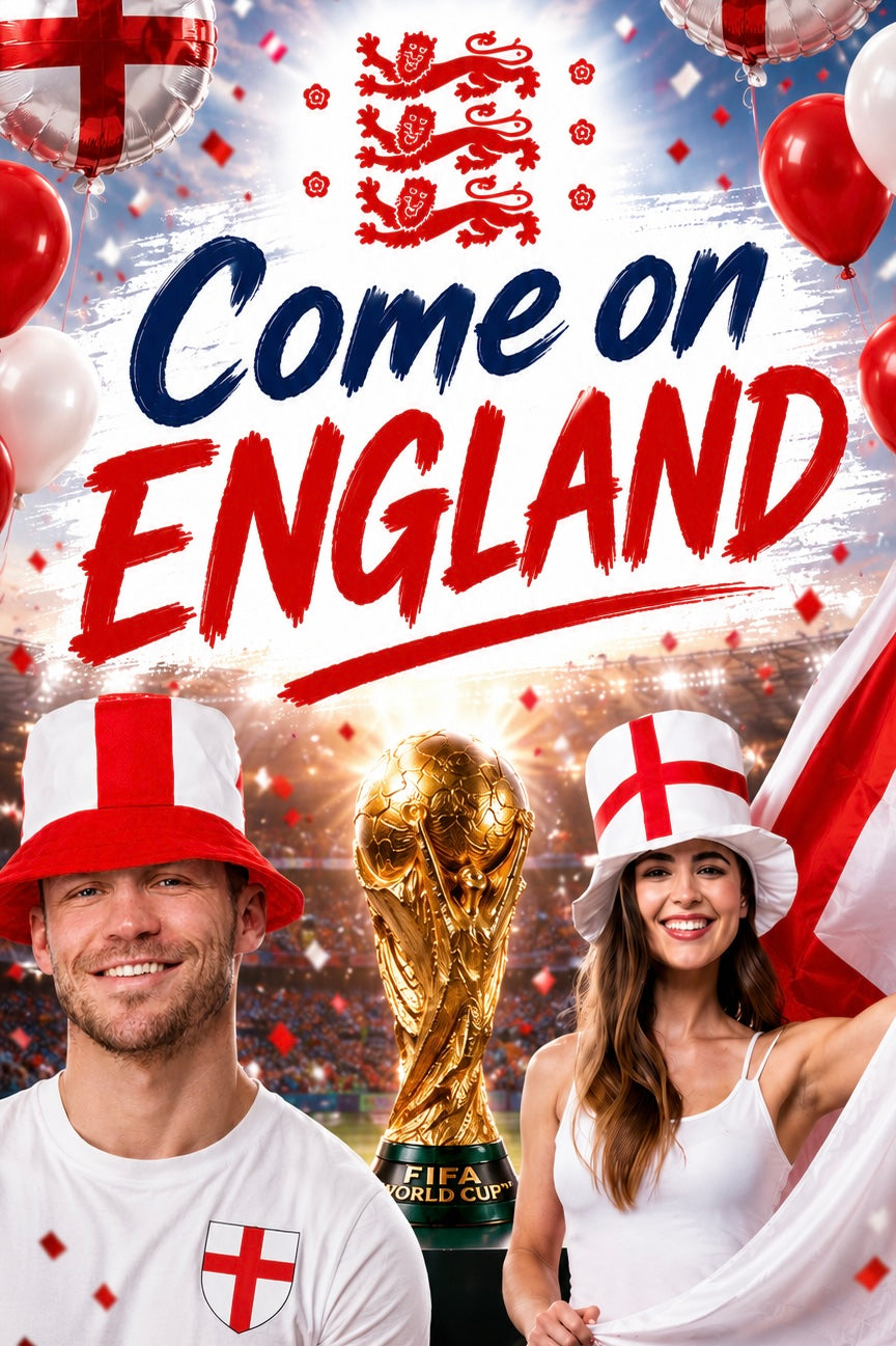 Supporters of England with World Cup trophy and flags in the background