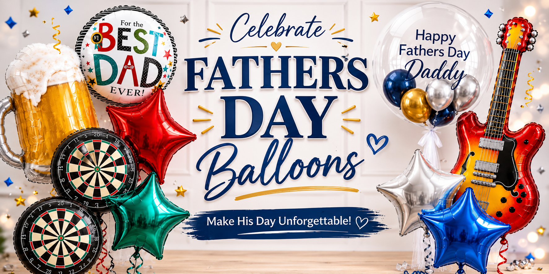 Father's Day promotional banner with balloons, a guitar, and beer mug on a white background.