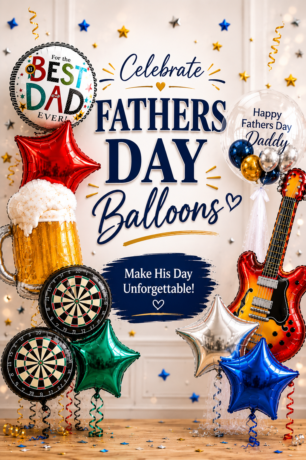 Promotional graphic for Fathers Day balloons with balloons, beer mug, guitar, and text on a light background.