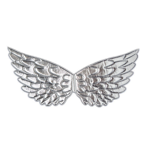 Silver angel wing design on a white background