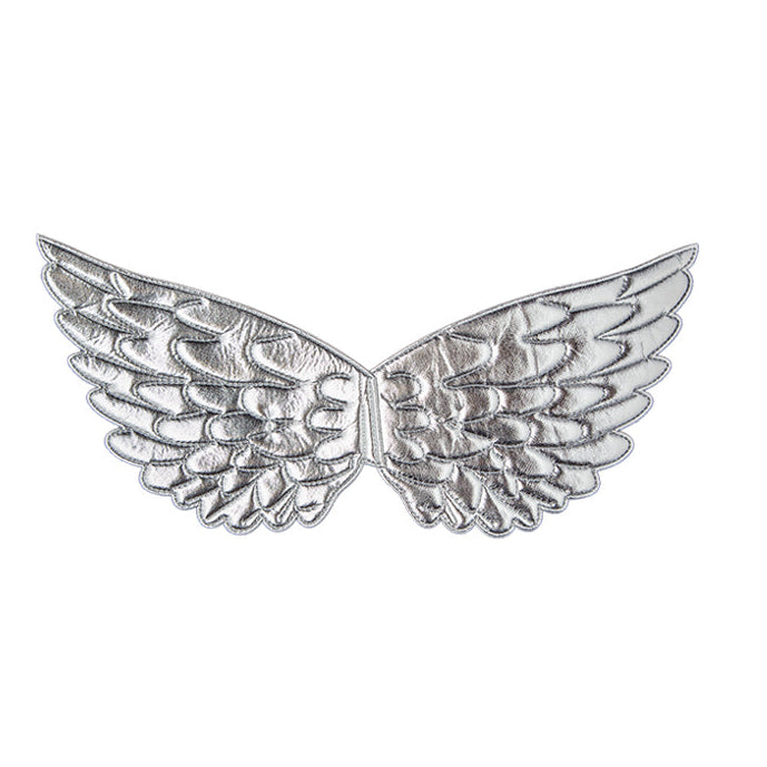 Silver angel wing design on a white background
