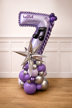 Load image into Gallery viewer, Decorative balloon arrangement with number 7 and musical notes on a plain background
