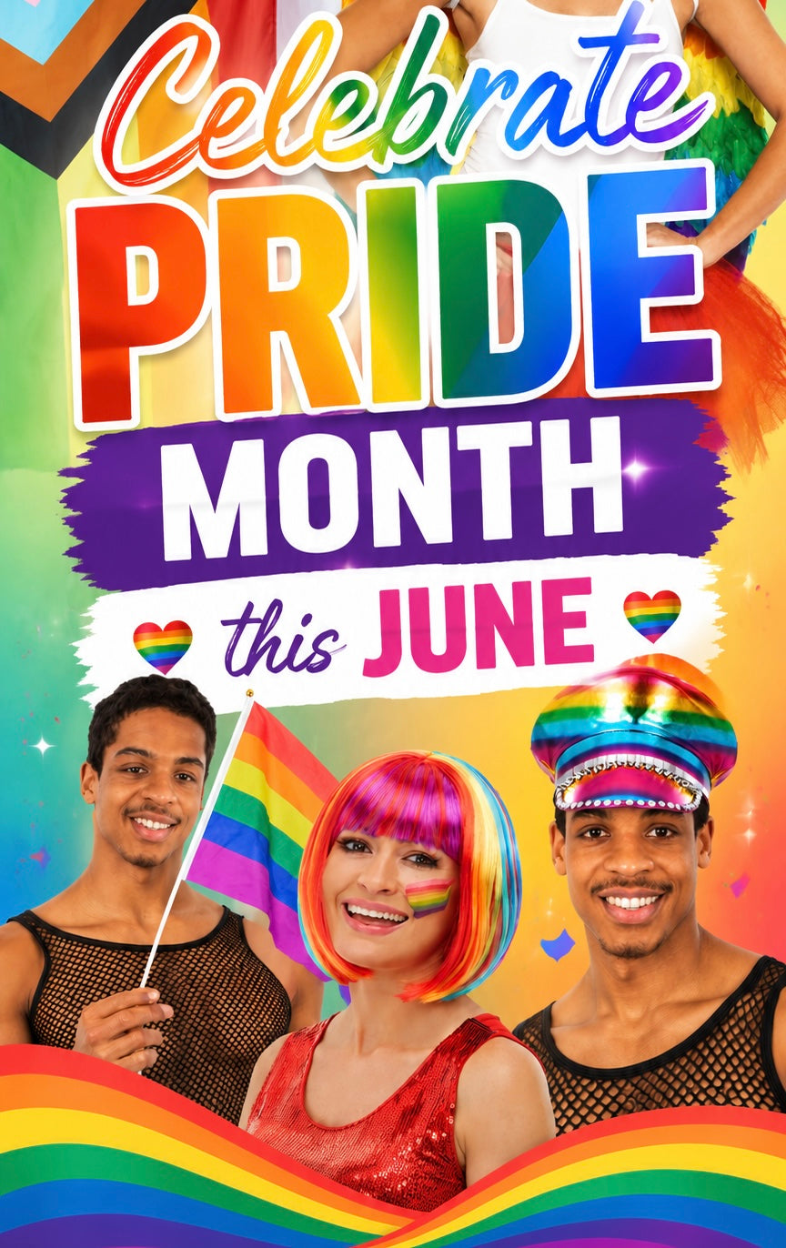 Promotional graphic for Pride Month with colorful text and people celebrating.