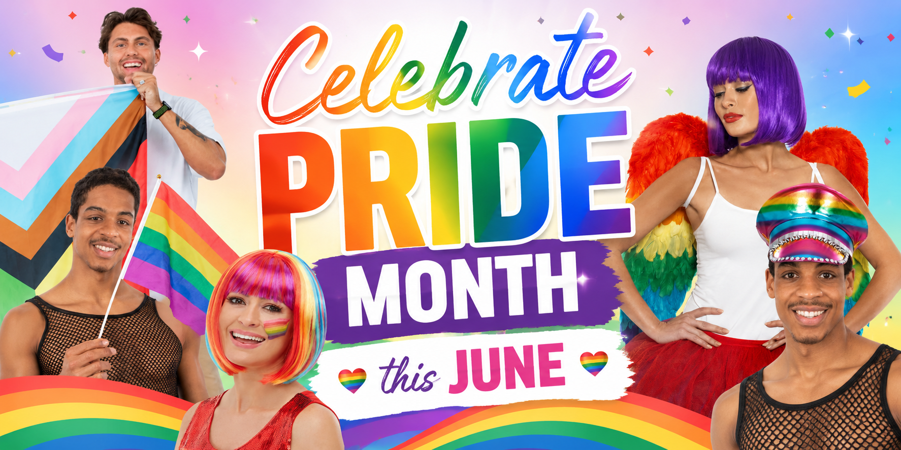 Promotional graphic celebrating Pride Month with colorful text and people holding rainbow flags.
