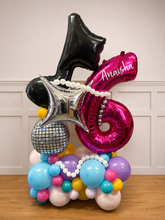Load image into Gallery viewer, Colorful balloon arrangement with number balloons and personalized name on a white wall background
