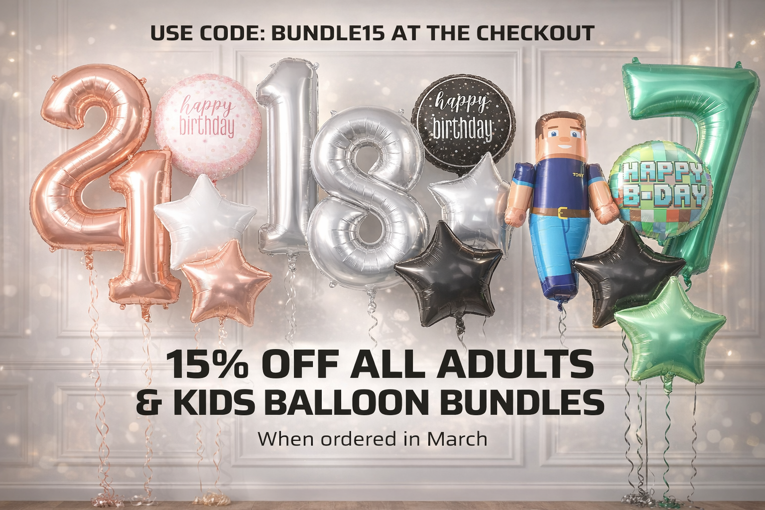 Balloon set with numbers and 'happy birthday' text against a light background, promotional text overlay.