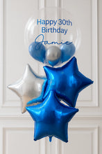 Load image into Gallery viewer, Blue and silver star-shaped balloons with 'Happy 30th Birthday Jamie' text on a white background
