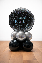 Load image into Gallery viewer, Black and silver Balloon arrangement with 'Happy Birthday' sign on a white background
