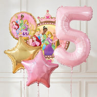 Decorative balloons with princess design and number 5 on a white background